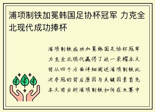 浦项制铁加冕韩国足协杯冠军 力克全北现代成功捧杯